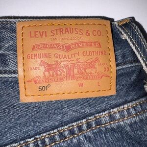 Levi's Dark Blue Frayed Jean Shorts. 501 Button up